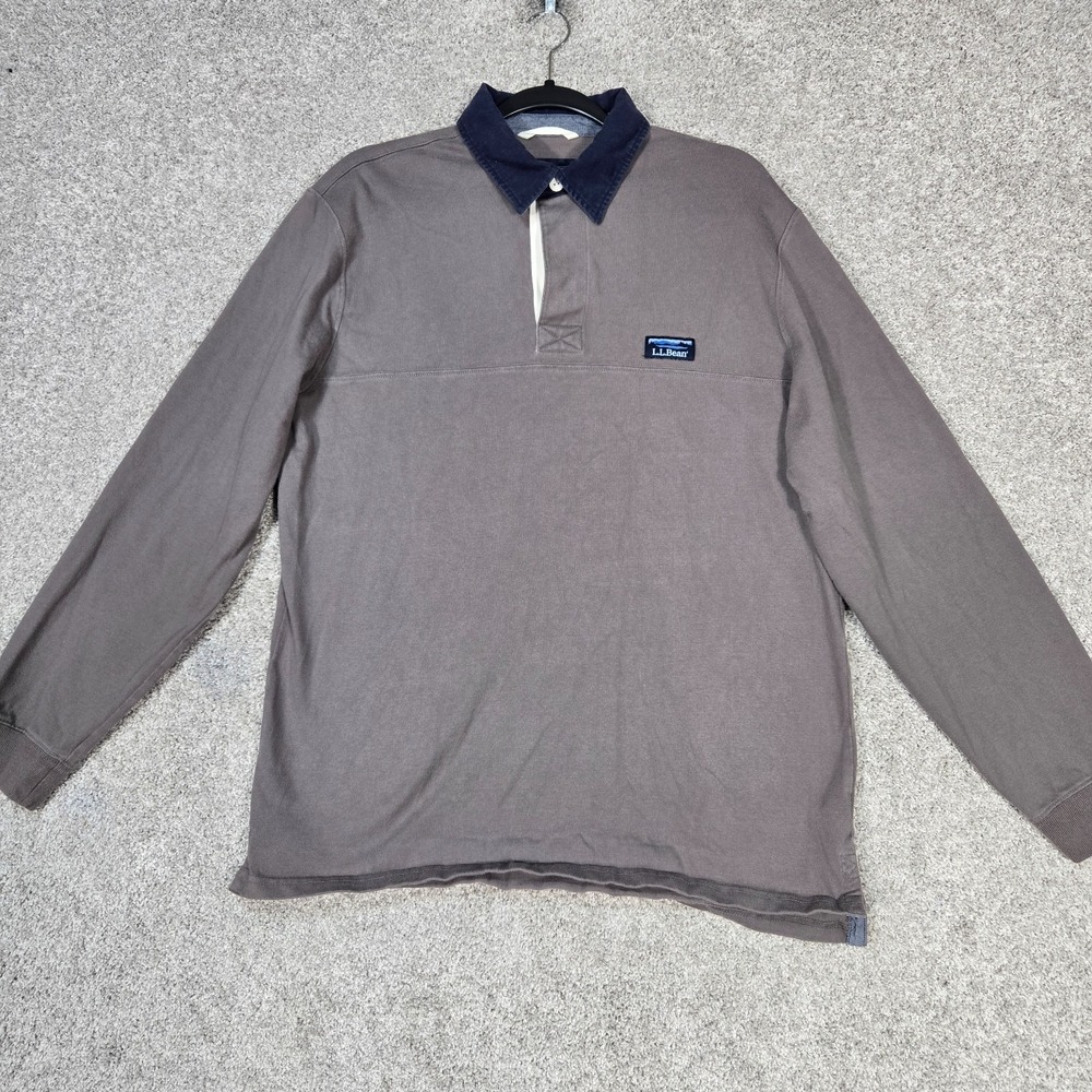 LL Bean Rugby Polo Shirt Mens Medium Grey Gray Long Sleeve Traditional Fit cotto